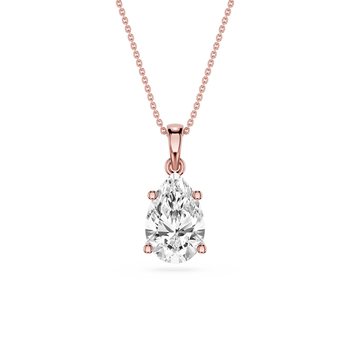 Rose gold necklace with a pear-shaped diamond pendant on a white background
