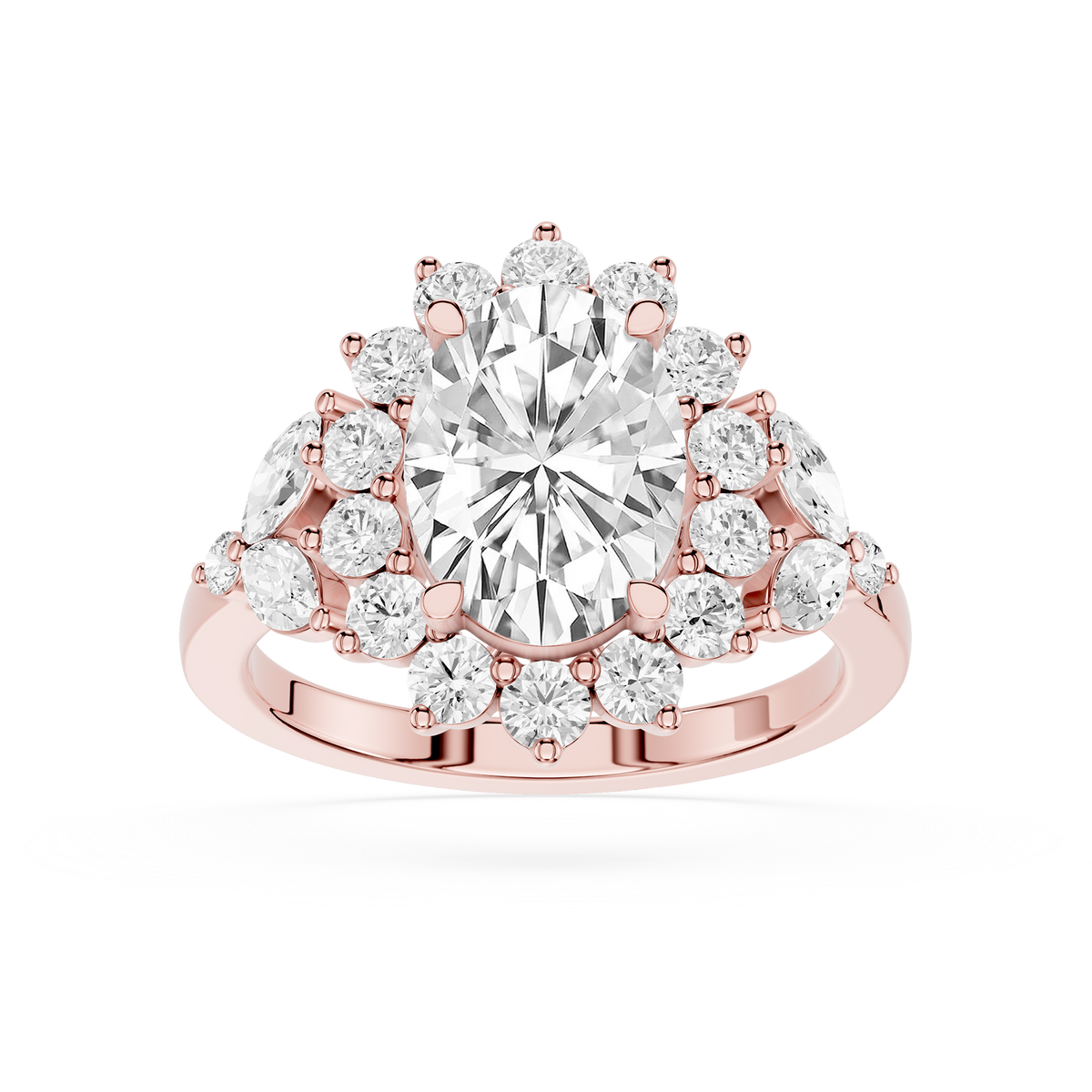 Front view of a rose gold oval cut lab grown diamond floral cluster engagement ring featuring a center oval diamond surrounded by round and marquise accent diamonds in a halo-inspired setting.