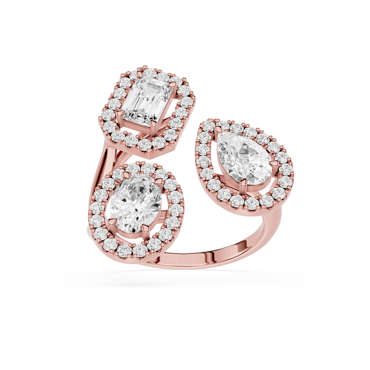 Rose gold3 Stone Multi Shape Lab Diamond Halo Statement Engagement Ring