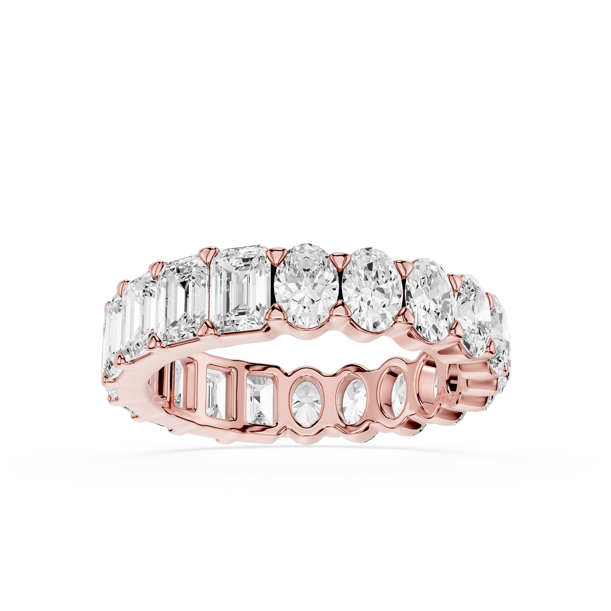 Full eternity diamond band in rose gold with alternating emerald and oval diamonds, bridal jewelry for stacking and daily wear