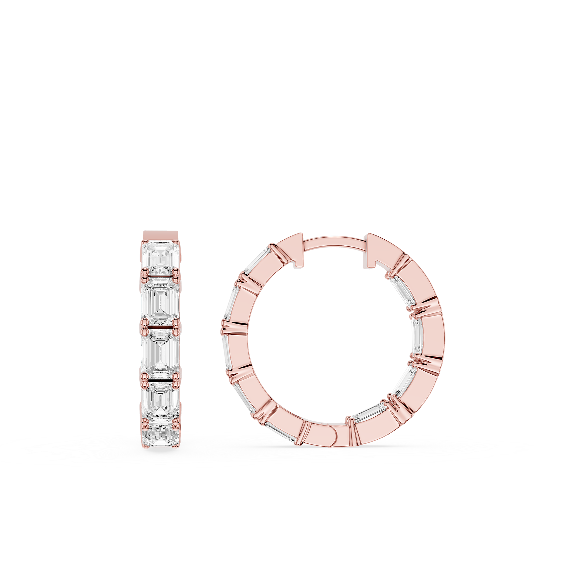Rose gold hoop earrings with clear gemstones on a white background