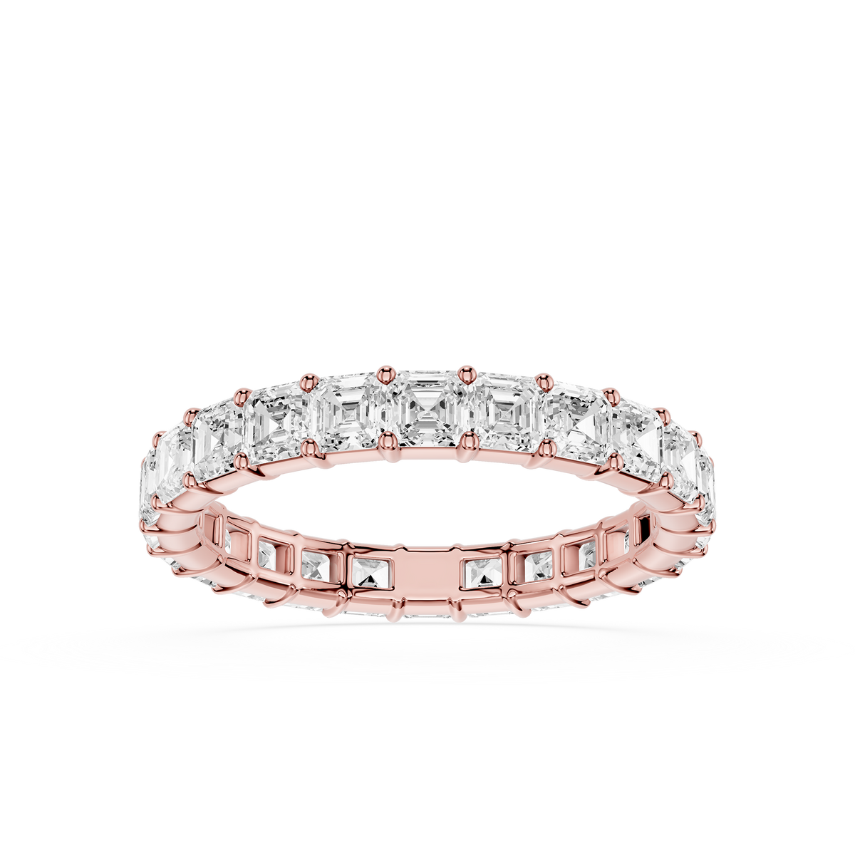 Asscher cut diamond wedding ring crafted in rose gold, highlighting a continuous arrangement of square lab grown diamonds around the band.