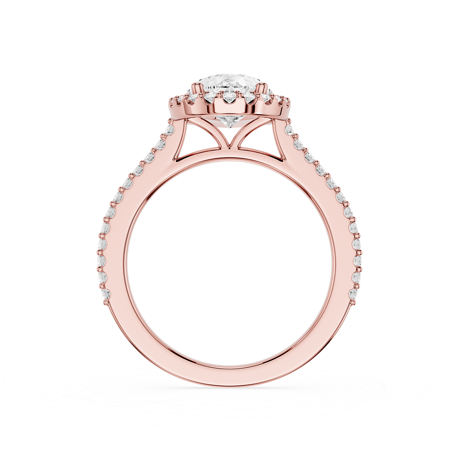 Rose gold ring with diamond accents on a white background