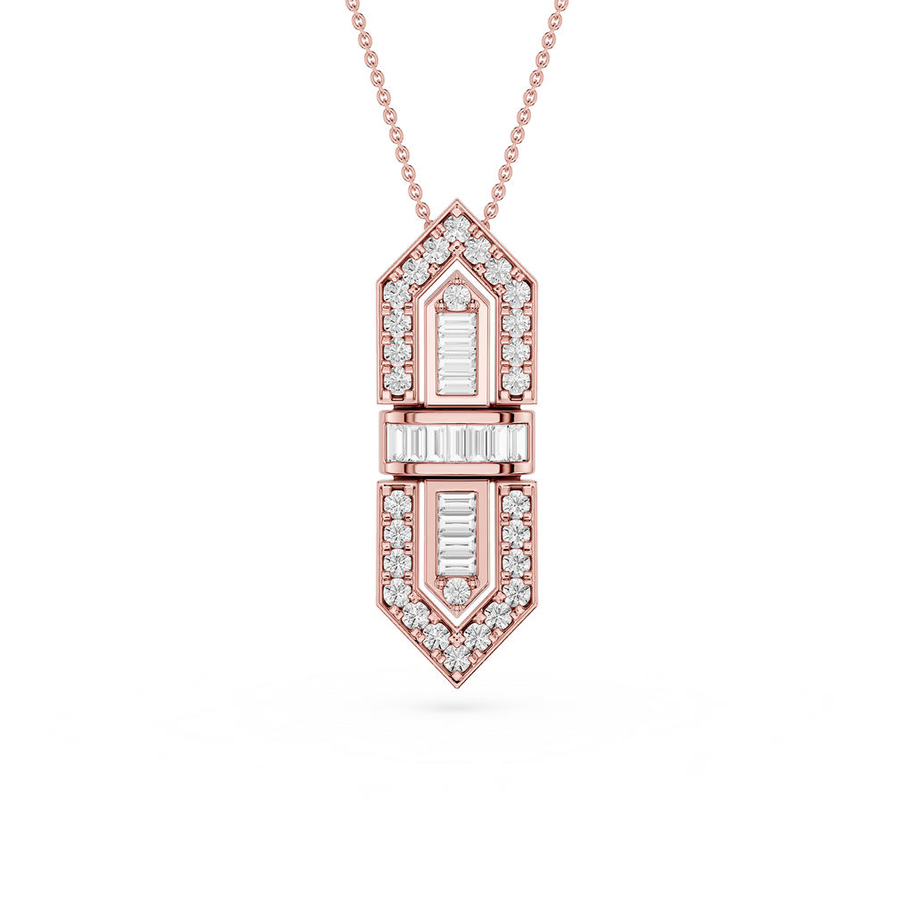 Rose gold necklace with a diamond pendant on a white background