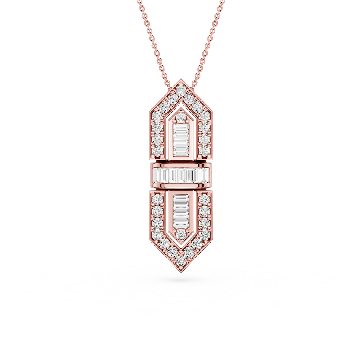 Rose gold necklace with a diamond pendant on a white background