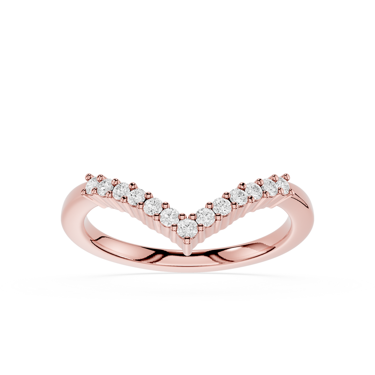 Rose Gold Curved Chevron Ring featuring round lab grown diamonds in a graduated arrangement with a sleek nesting band design.