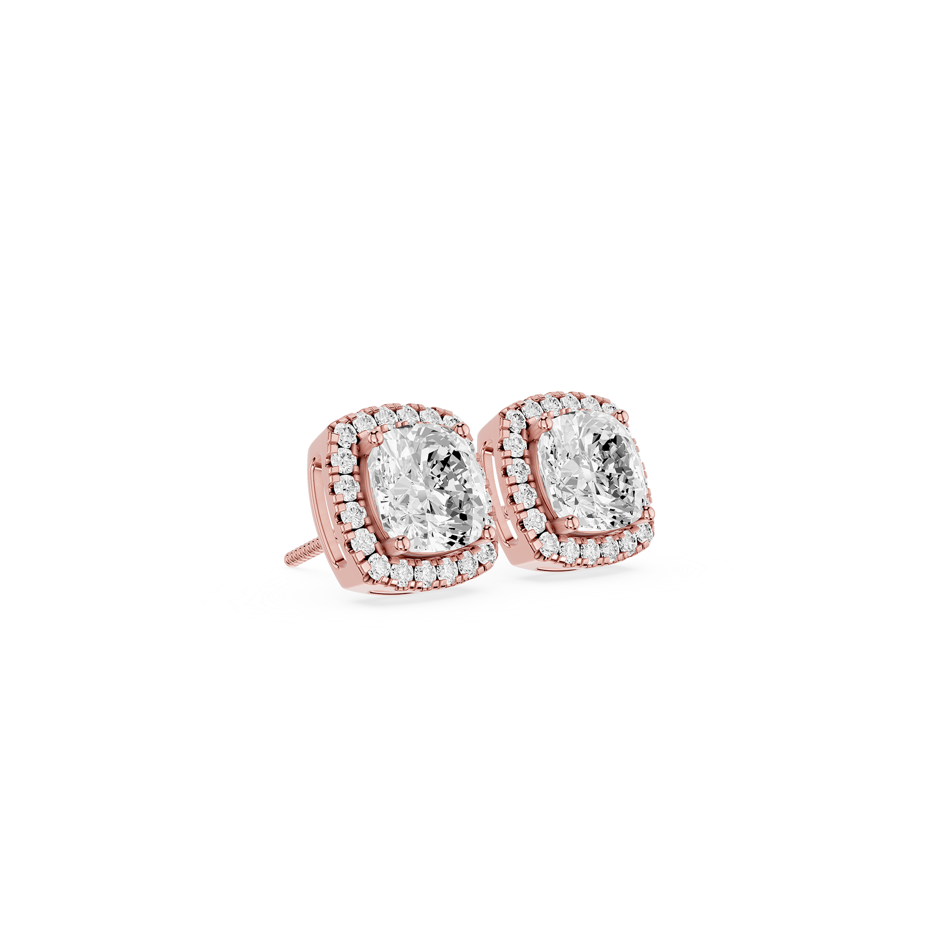 Rose gold earrings with clear gemstones on a white background