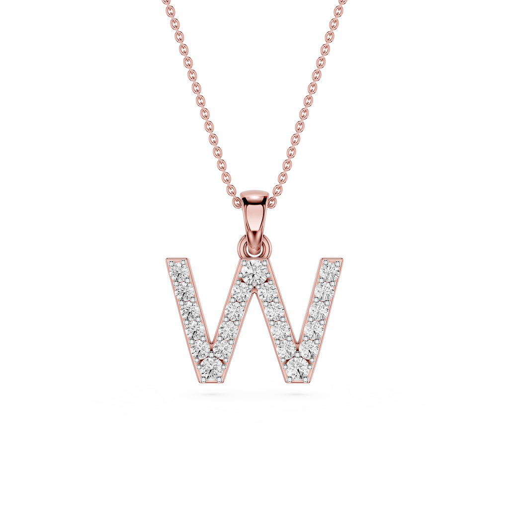 Rose gold necklace with a diamond-studded letter 'W' pendant on a white background