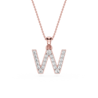 Rose gold necklace with a diamond-studded letter 'W' pendant on a white background