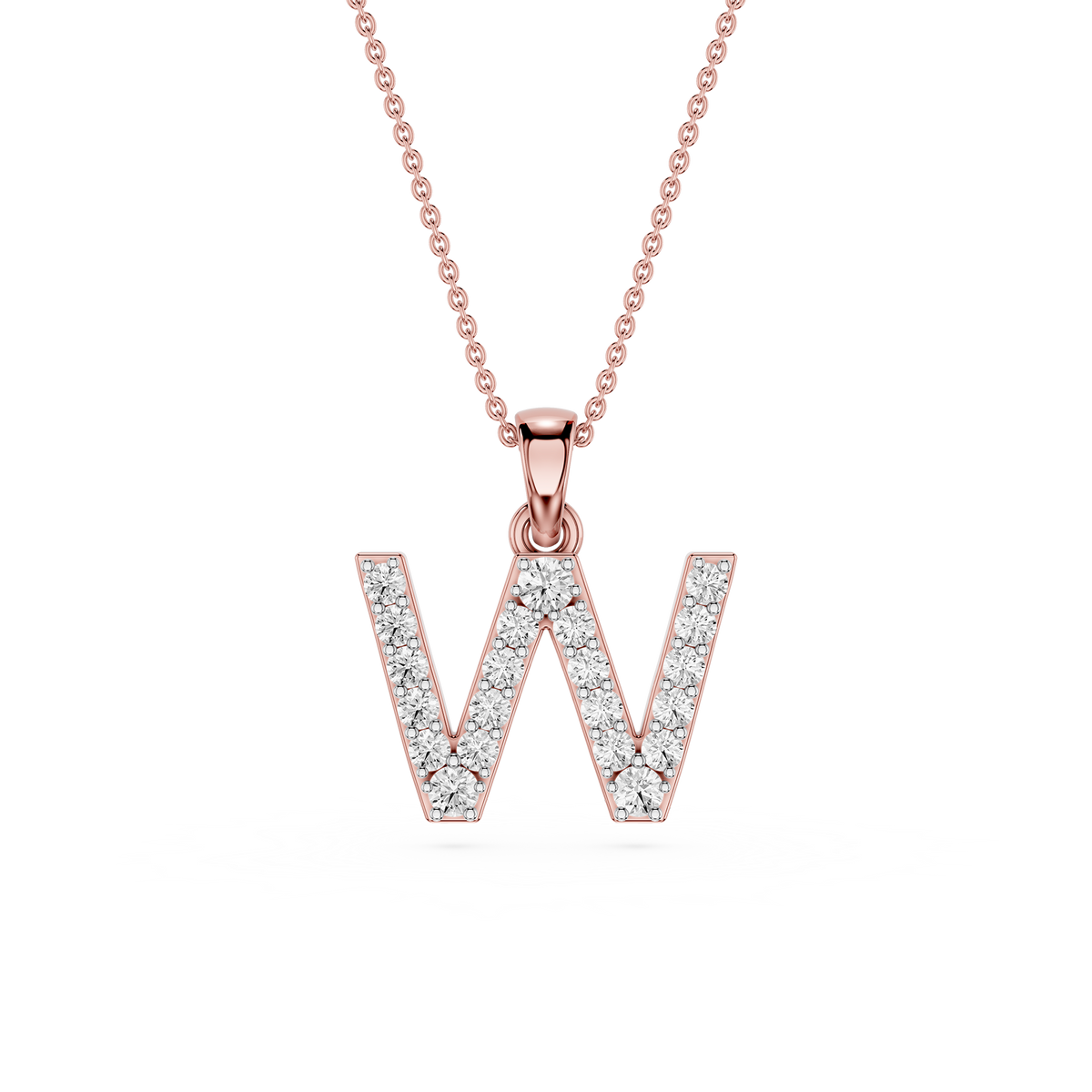 Rose gold necklace with a diamond-studded letter 'W' pendant on a white background