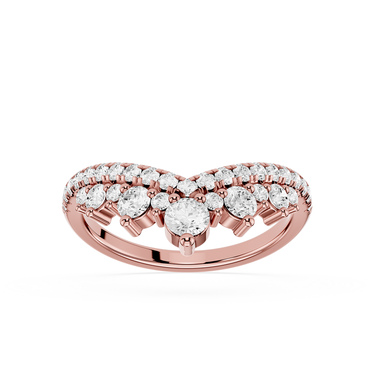 Curved diamond wedding band in rose gold with graduated round diamonds and layered silhouette, anniversary jewelry gift for her