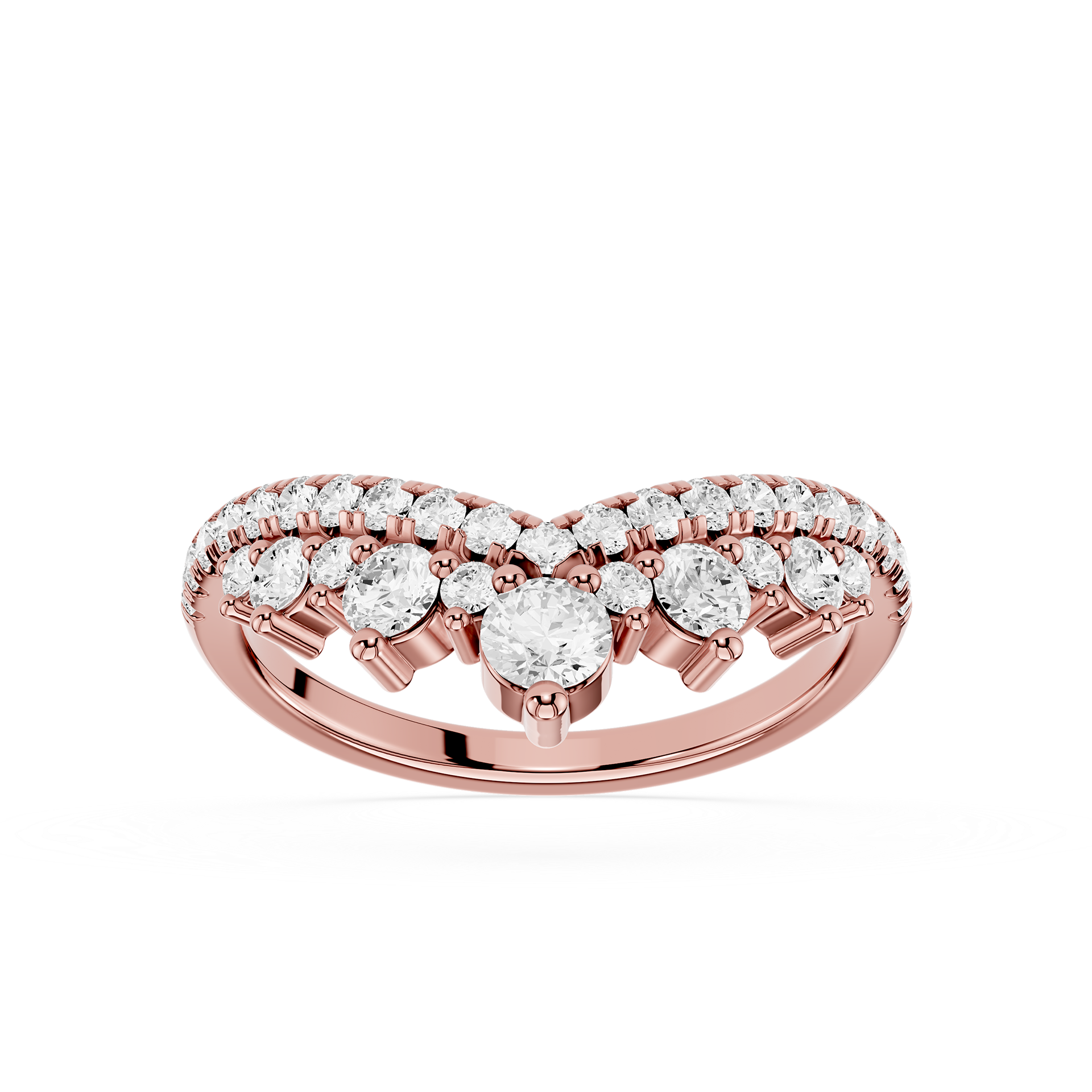 Rose gold ring with diamonds on a white background