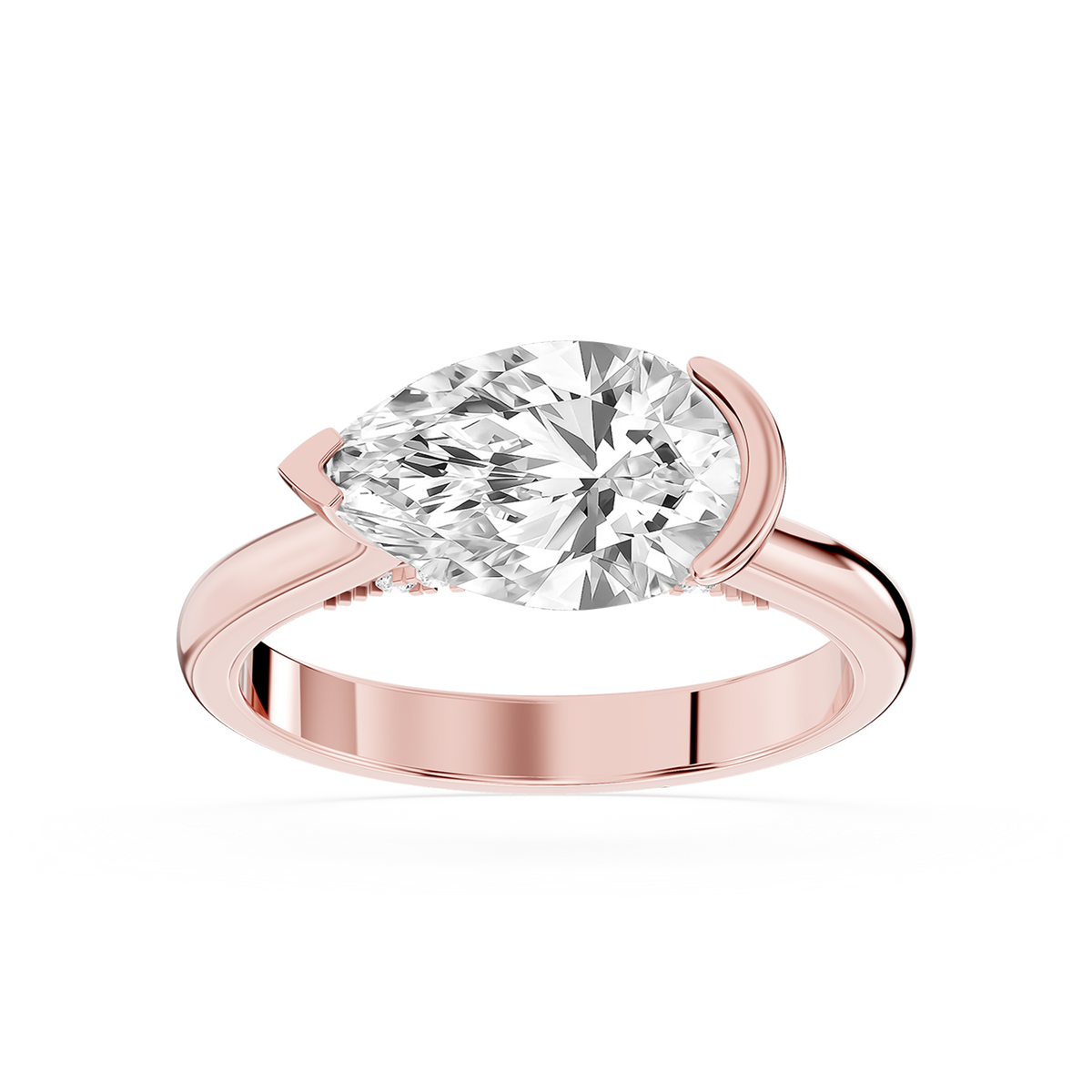 Rose gold east west pear cut lab grown diamond ring showcasing a horizontal solitaire stone and partial bezel setting
