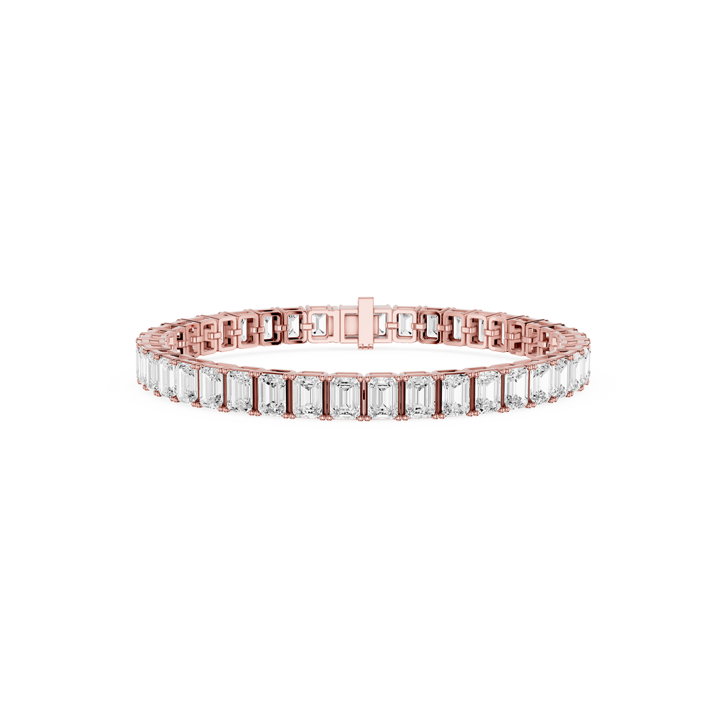 Rose gold bracelet with emerald-cut diamonds on a white background