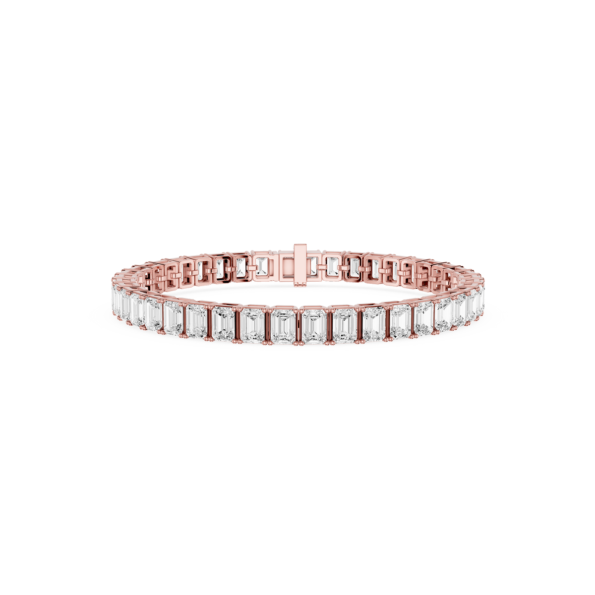 Rose gold bracelet with emerald-cut diamonds on a white background