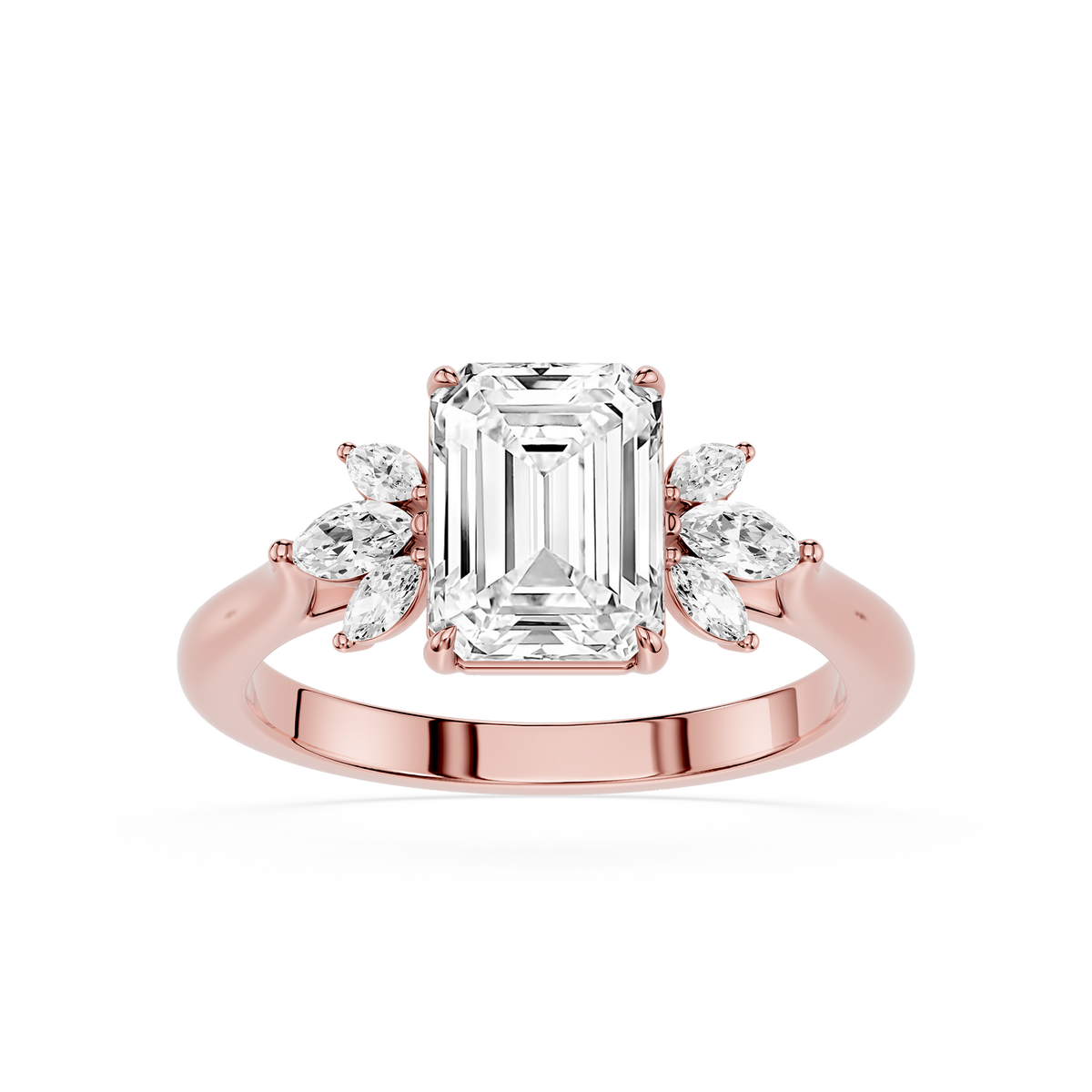 Rose Gold Emerald Cut Lab Diamond Ring, Leaf Inspired Side Diamonds, Marquise Accent Engagement Ring, Bridal Proposal Jewelry, Women's Diamond Ring, Fine Gold Gift
