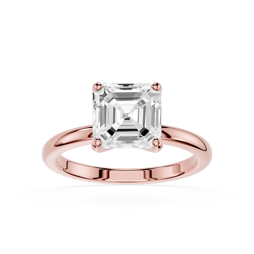 Rose gold ring with a large diamond on a white background