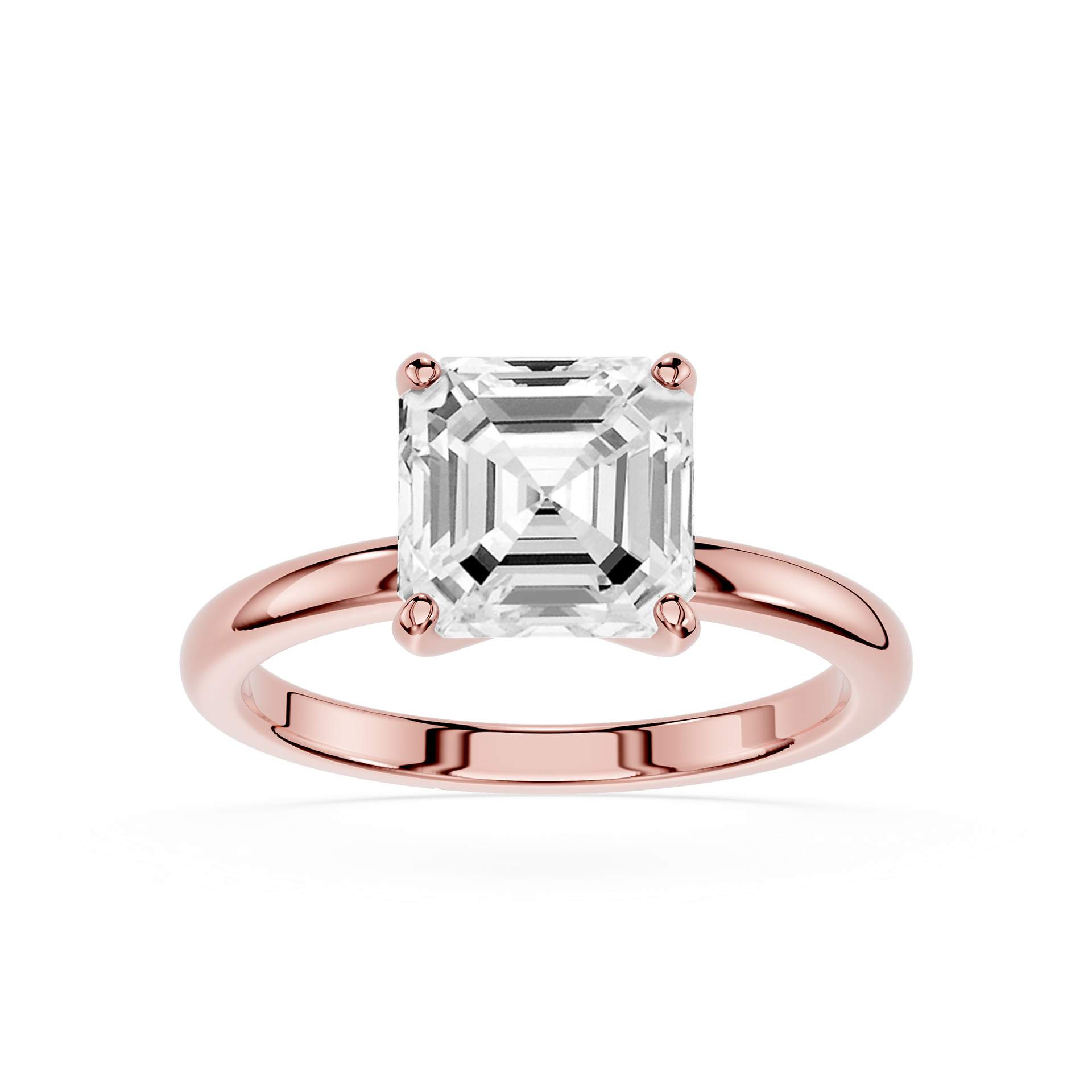 Rose gold ring with a large diamond on a white background