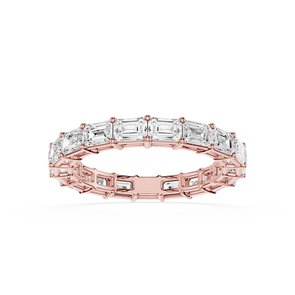 A rose gold eternity ring featuring a continuous line of baguette-cut clear gemstones, shown on a clean white background.