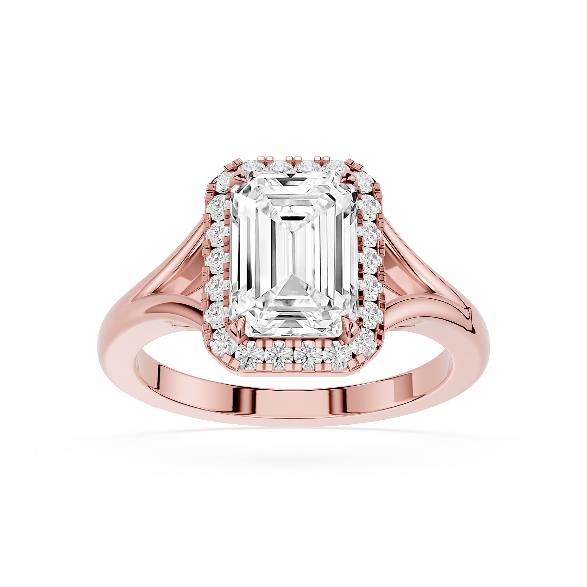 Rose gold ring with emerald-cut diamond and smaller diamonds on a white background