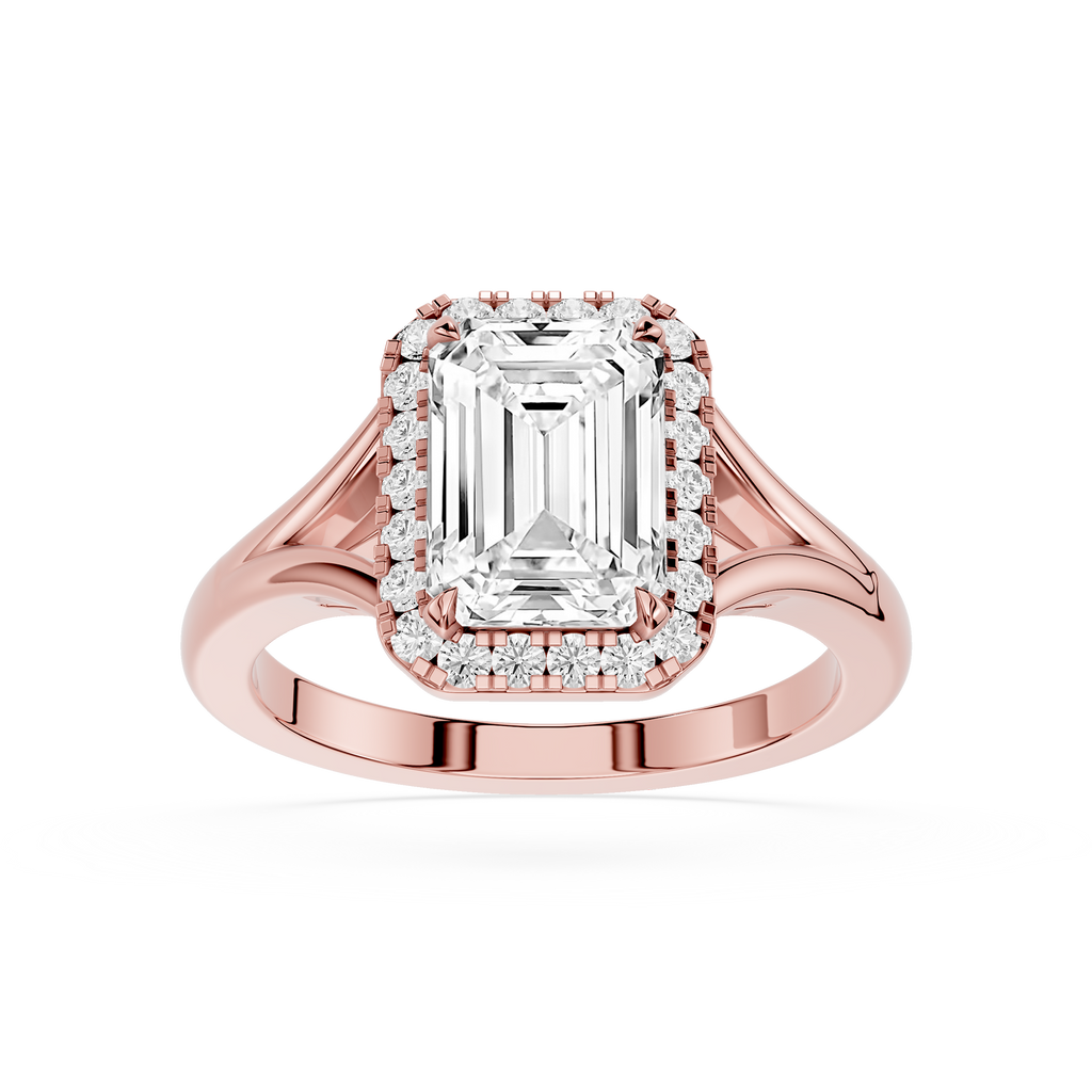 Rose gold ring with emerald-cut diamond and smaller diamonds on a white background
