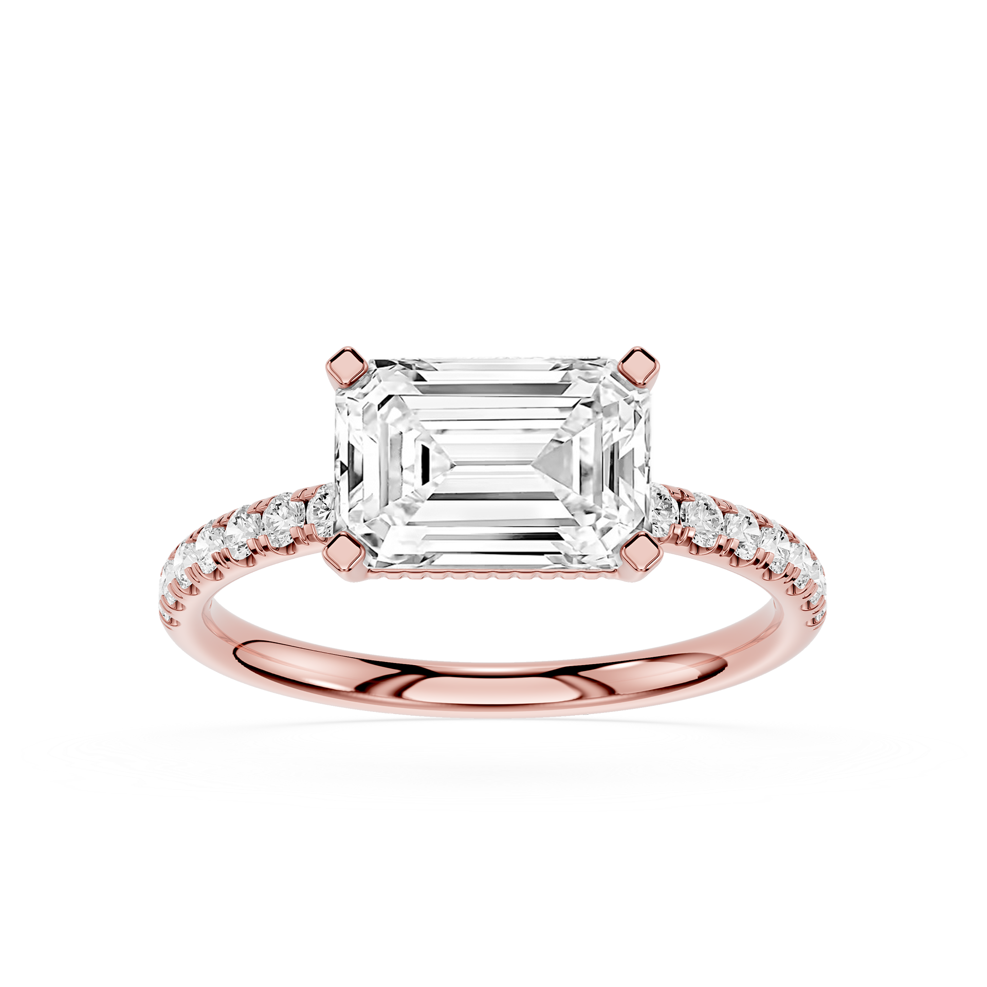 An emerald-cut diamond ring in rose gold with a pavé band, shown on a clean white background.