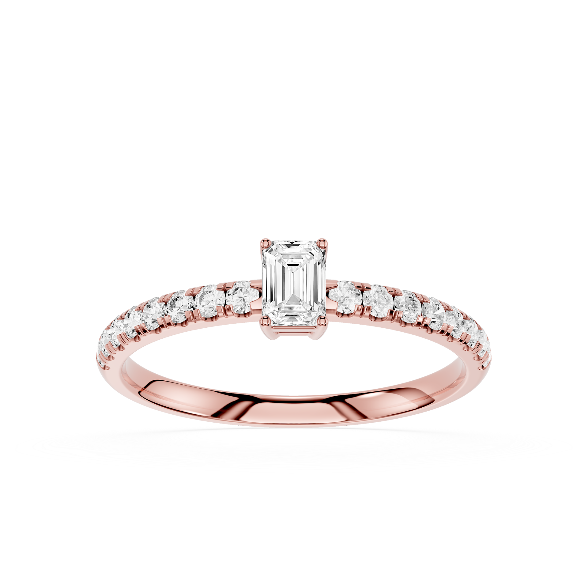 Rose gold ring with emerald-cut diamond and smaller diamonds on a white background