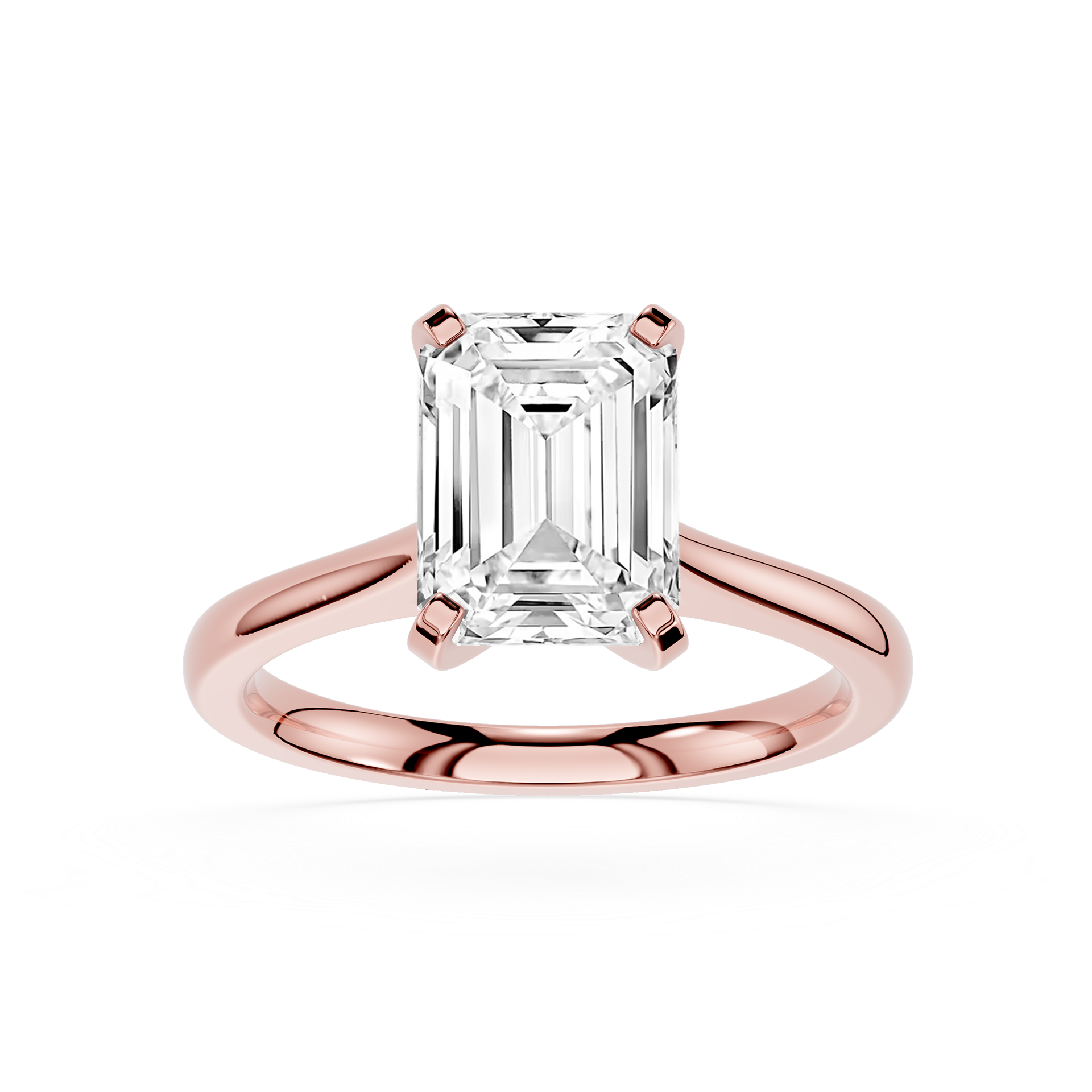 Rose gold ring with a large emerald-cut diamond on a white background