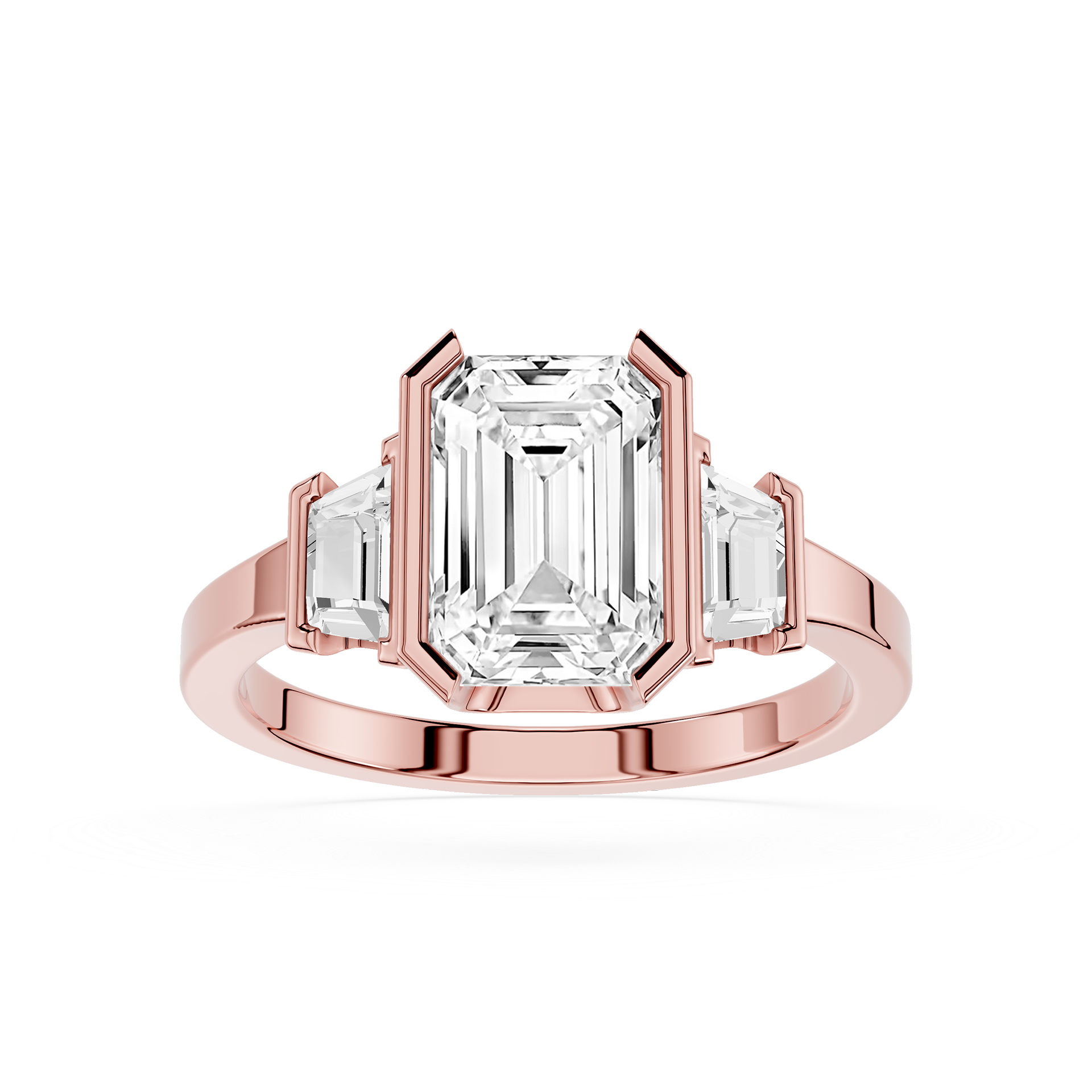 Rose gold ring with emerald-cut diamond on a white background