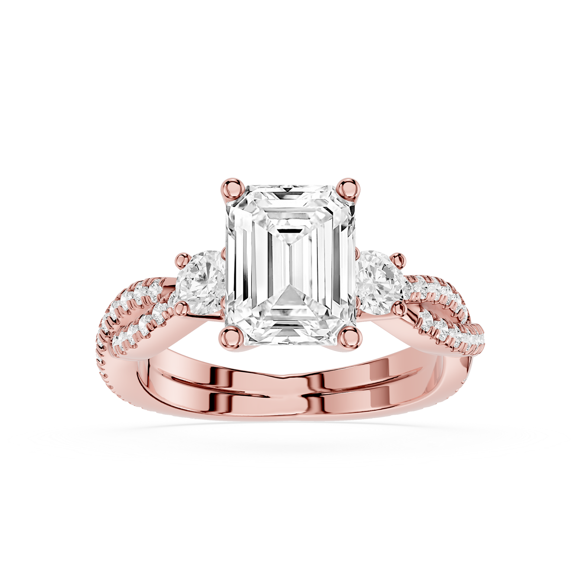 Rose gold ring with emerald-cut diamond and smaller diamonds on a white background