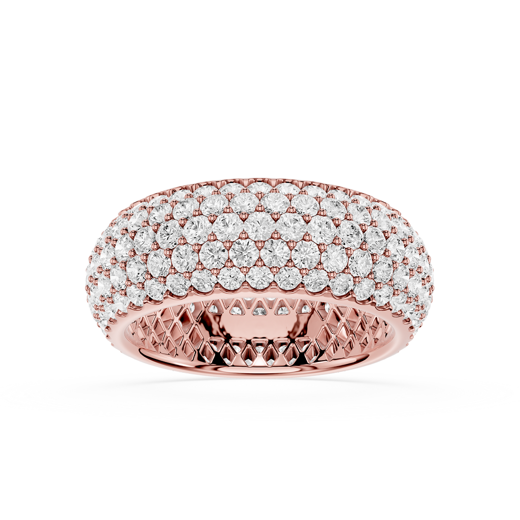 Rose gold ring with diamond accents on a white background