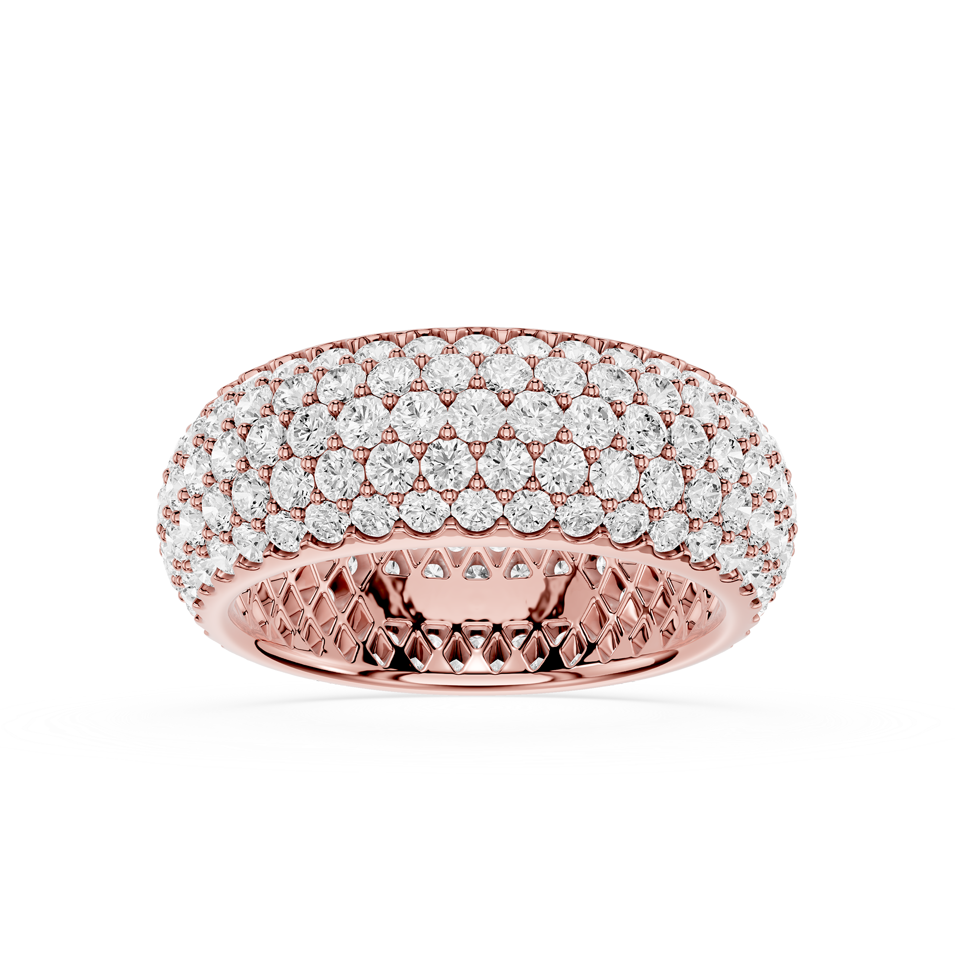 Rose gold ring with diamond accents on a white background