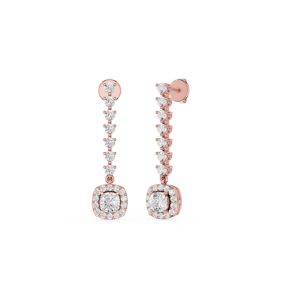 Rose gold earrings with diamond accents on a white background