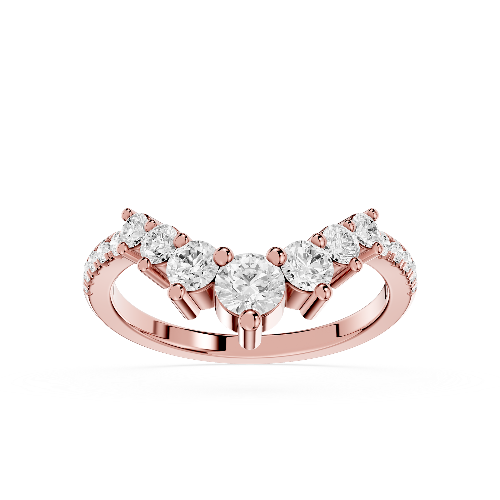 Rose gold ring with clear gemstones on a white background