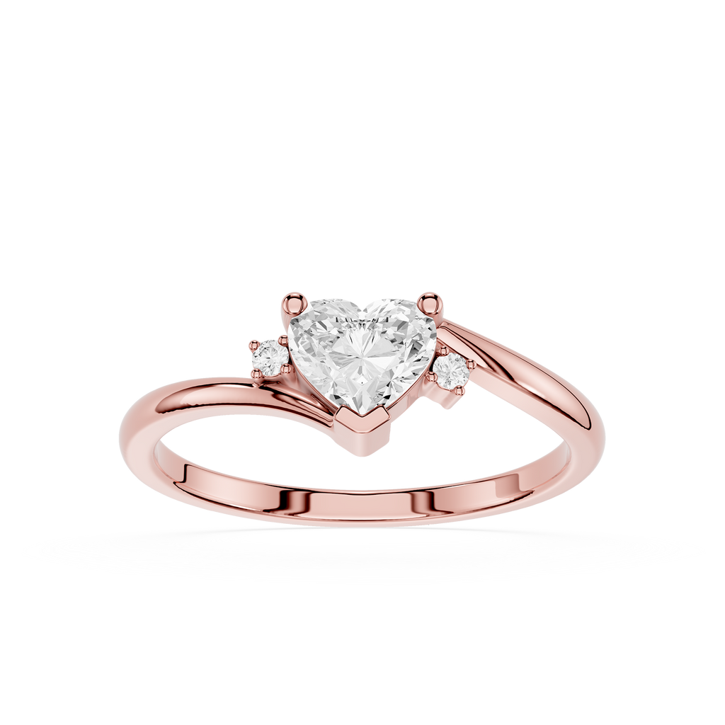 Rose gold ring with a heart-shaped diamond on a white background