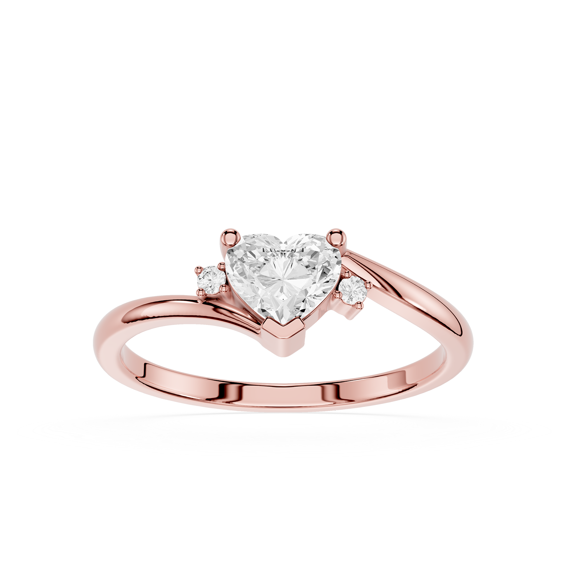 Rose gold ring with a heart-shaped diamond on a white background