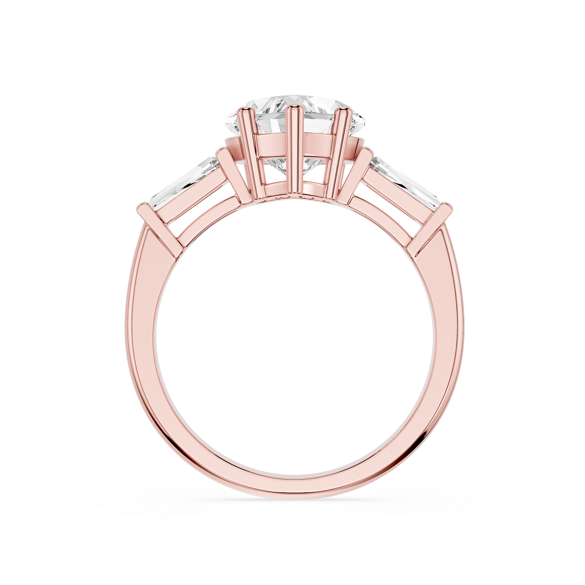 Rose gold ring with a diamond on a white background