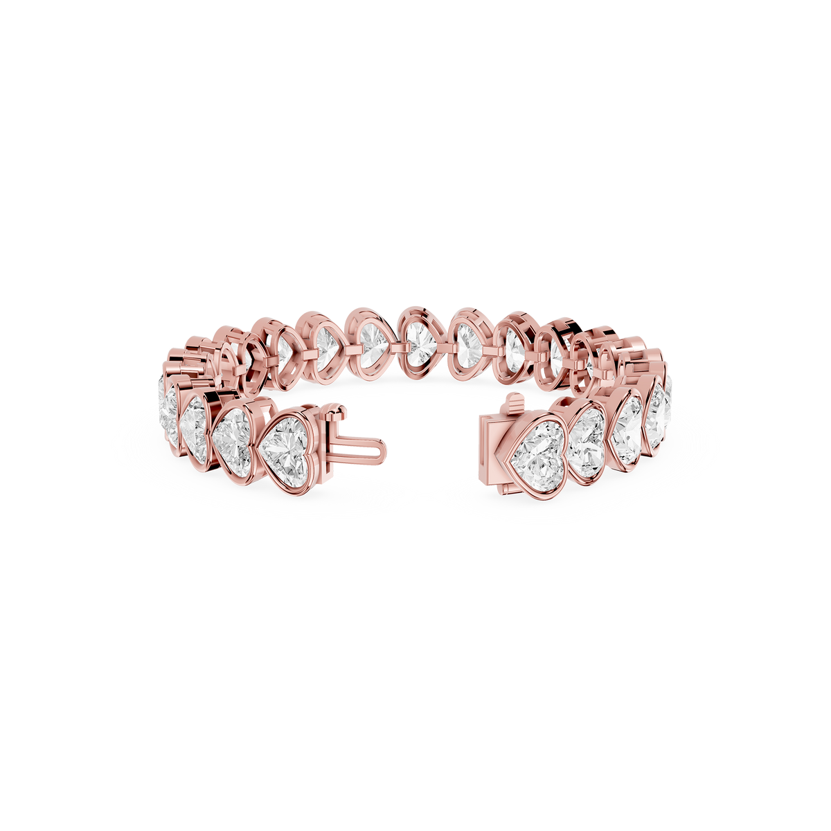 Heart Shape Lab Grown Diamond Tennis Bracelet in Rose Gold Open Clasp View