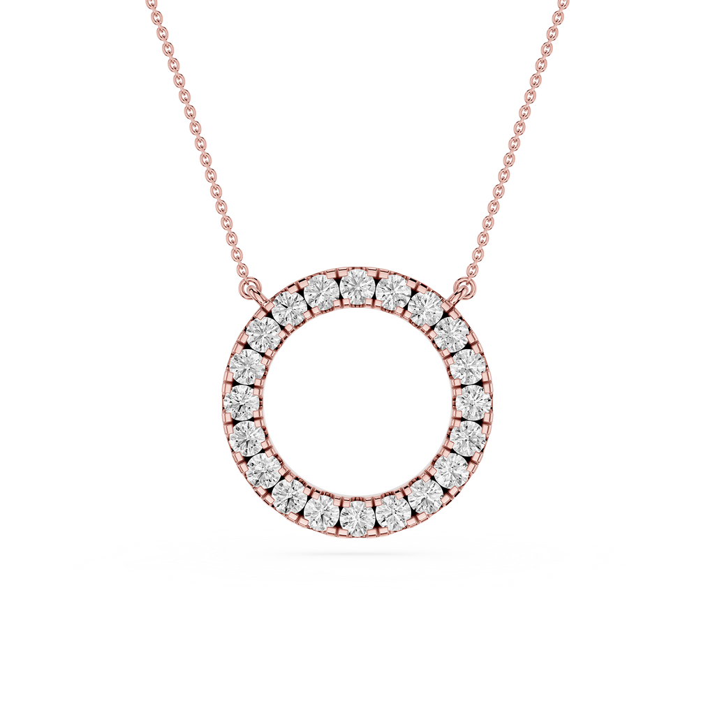 Rose gold necklace with a round diamond pendant on a white background