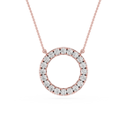 Rose gold necklace with a round diamond pendant on a white background