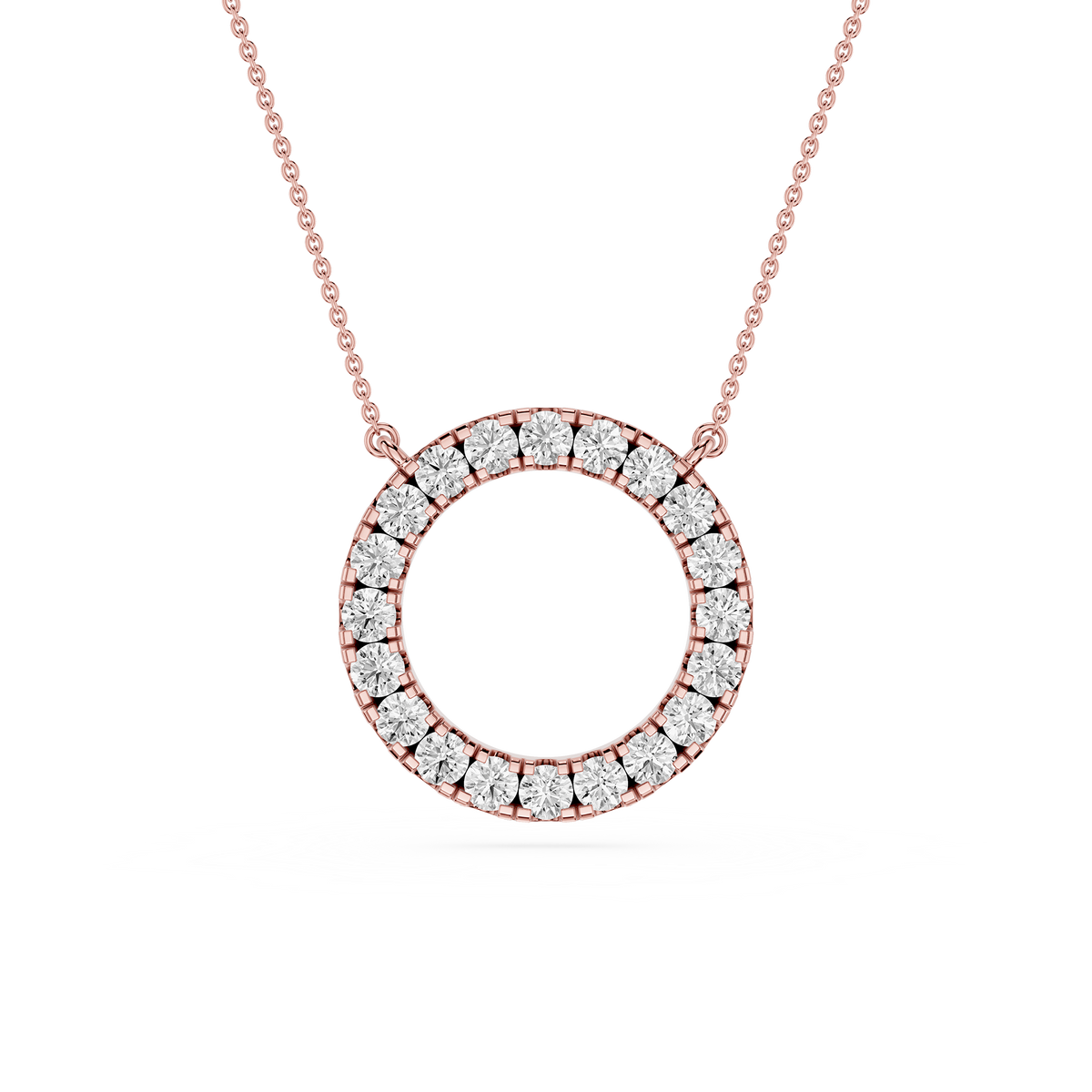 Rose gold necklace with a round diamond pendant on a white background