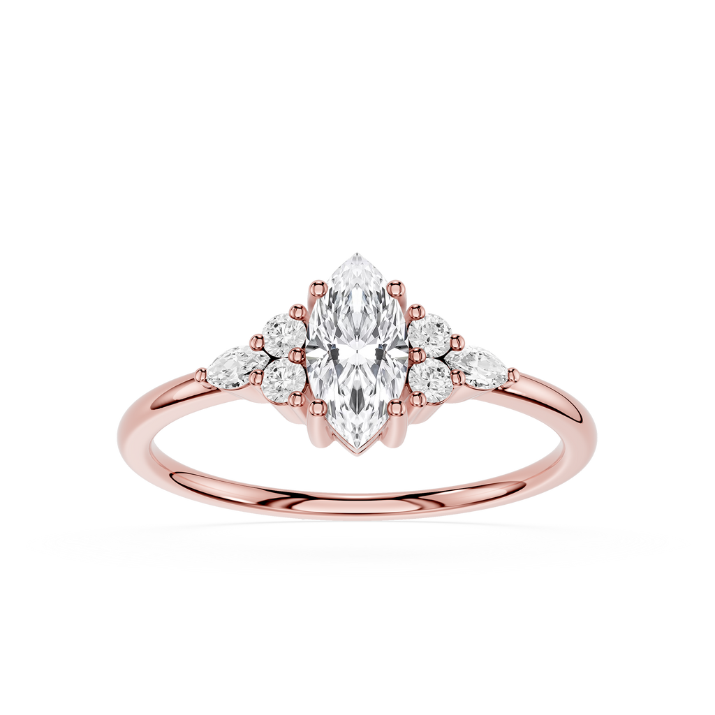 Rose gold ring with a marquise-shaped diamond and smaller diamonds on a white background