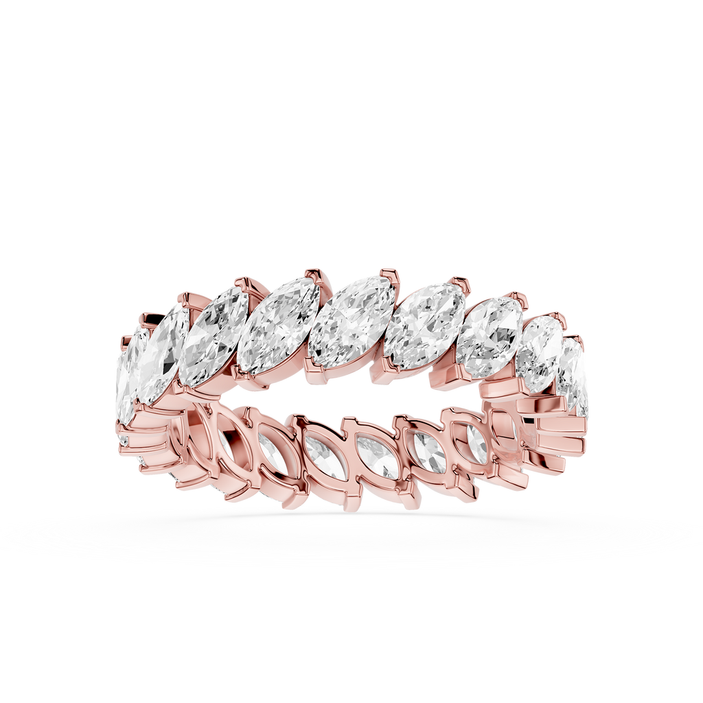Women's Marquise Diamond Eternity Ring in Rose Gold, featuring a full circle of lab grown diamonds for wedding, anniversary, or stacking wear.