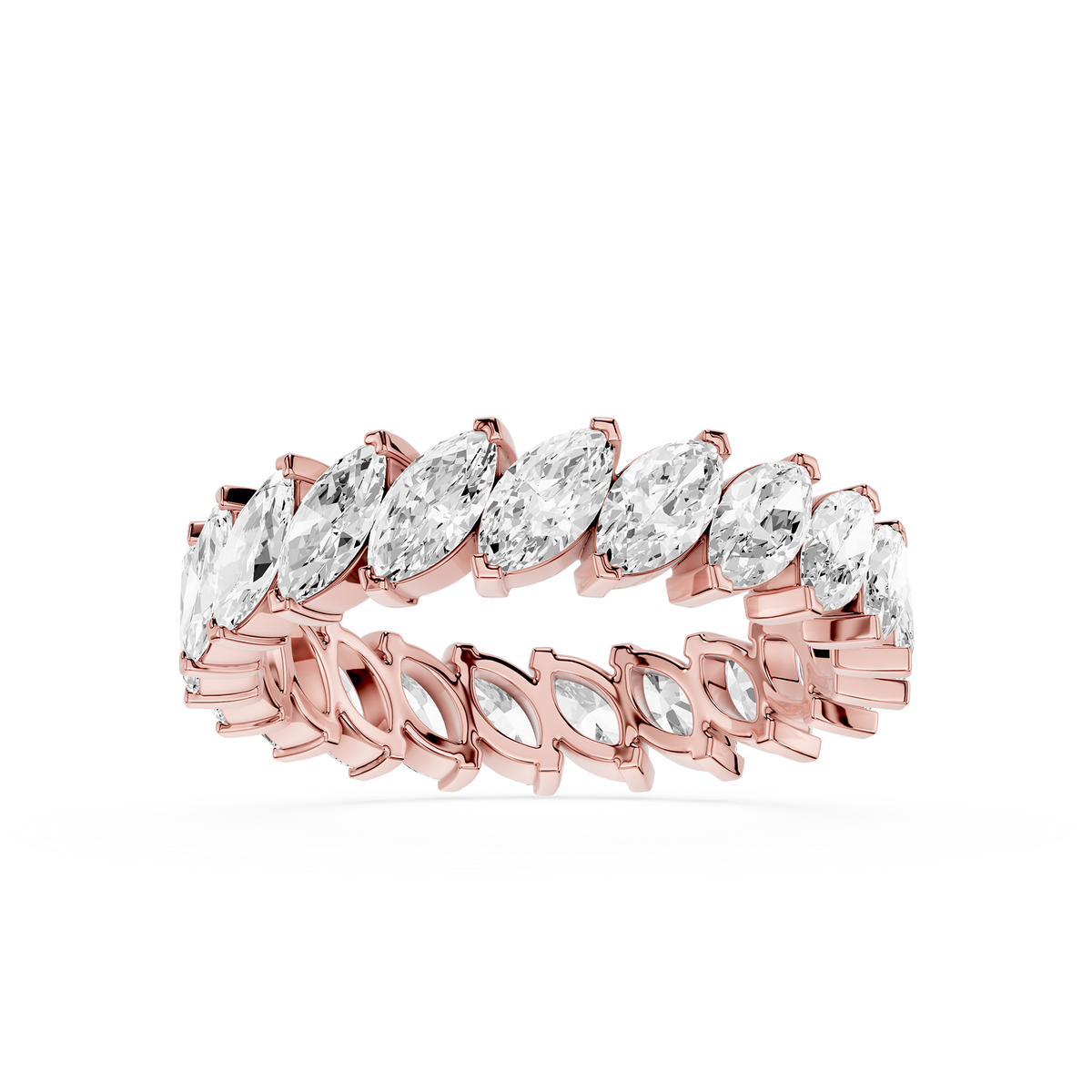 Women's Marquise Diamond Eternity Ring in Rose Gold, featuring a full circle of lab grown diamonds for wedding, anniversary, or stacking wear.