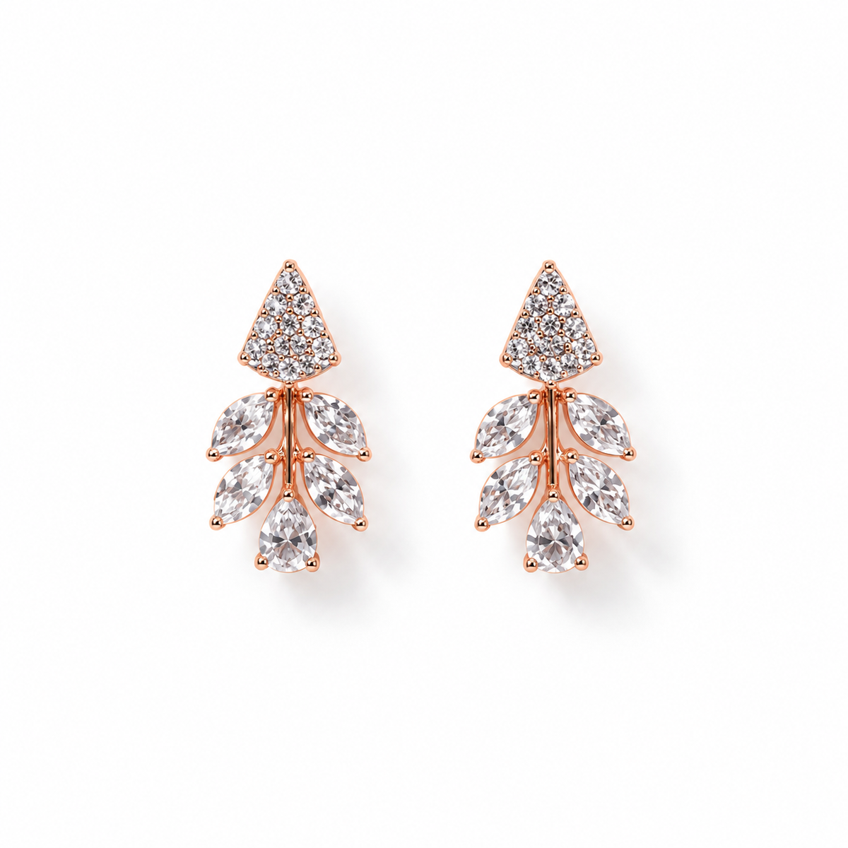Rose gold marquise cut lab grown diamond drop earrings featuring a leaf cluster design and triangular pavé diamond studs