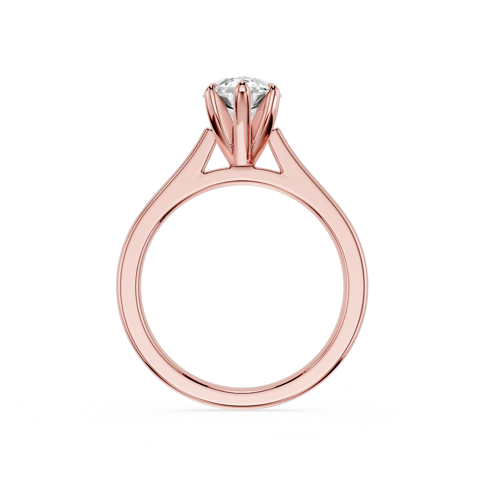 Rose gold ring with a diamond on a white background