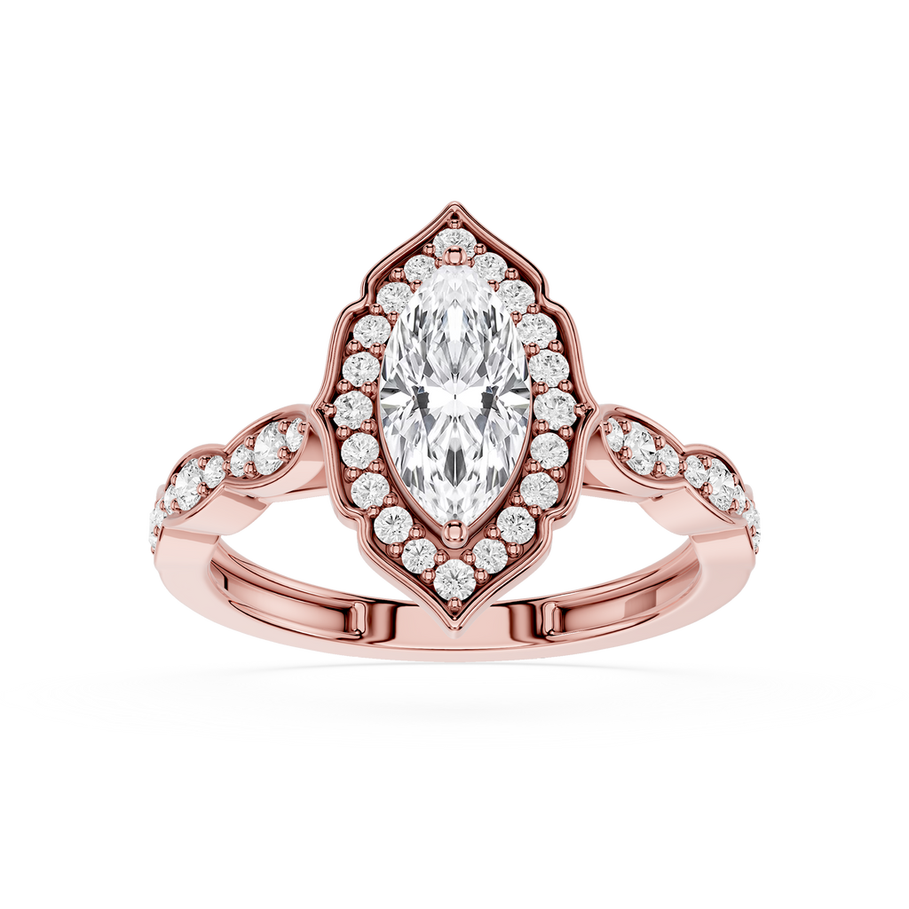 Rose gold ring with a pear-shaped diamond and smaller diamonds on a white background