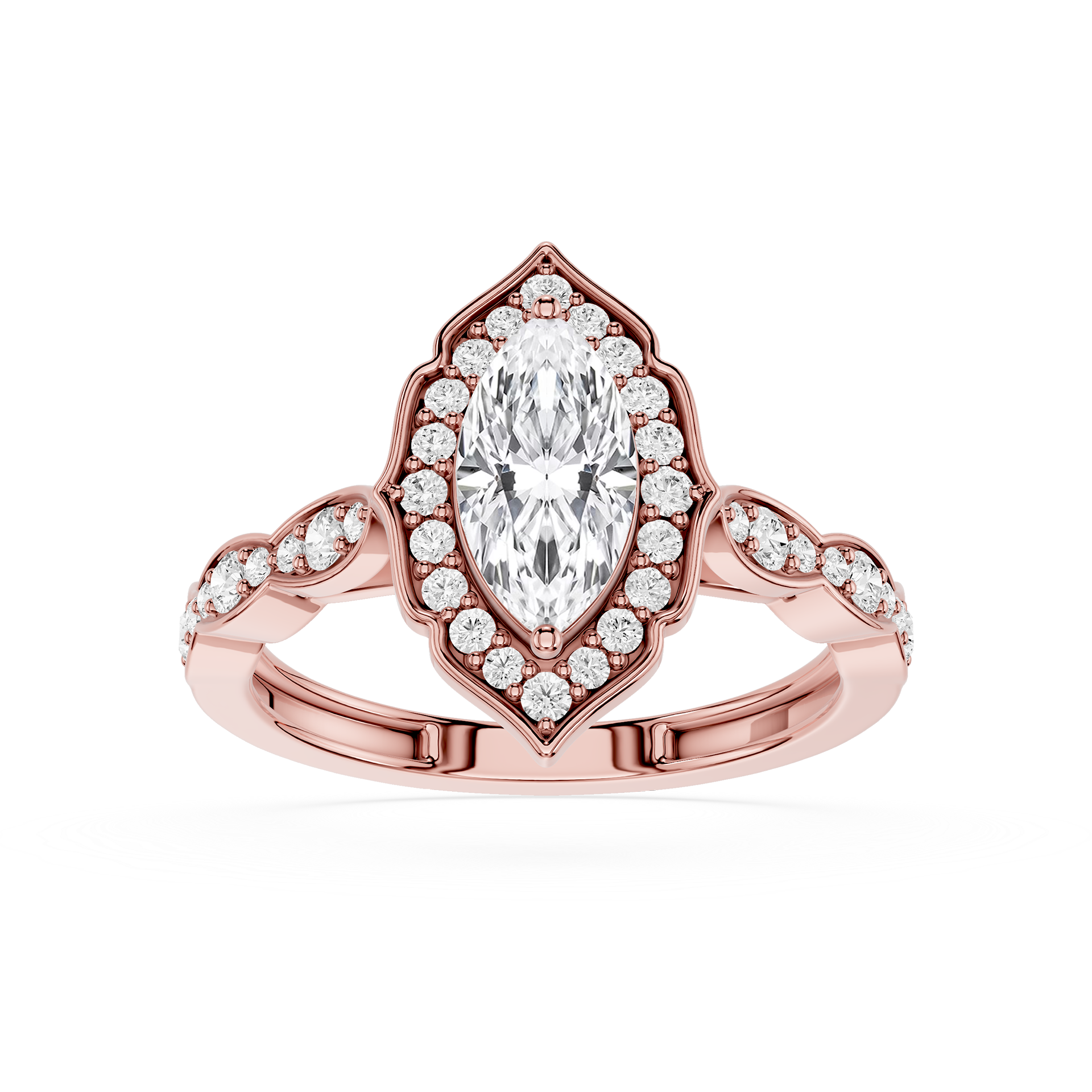 Rose gold ring with a pear-shaped diamond and smaller diamonds on a white background