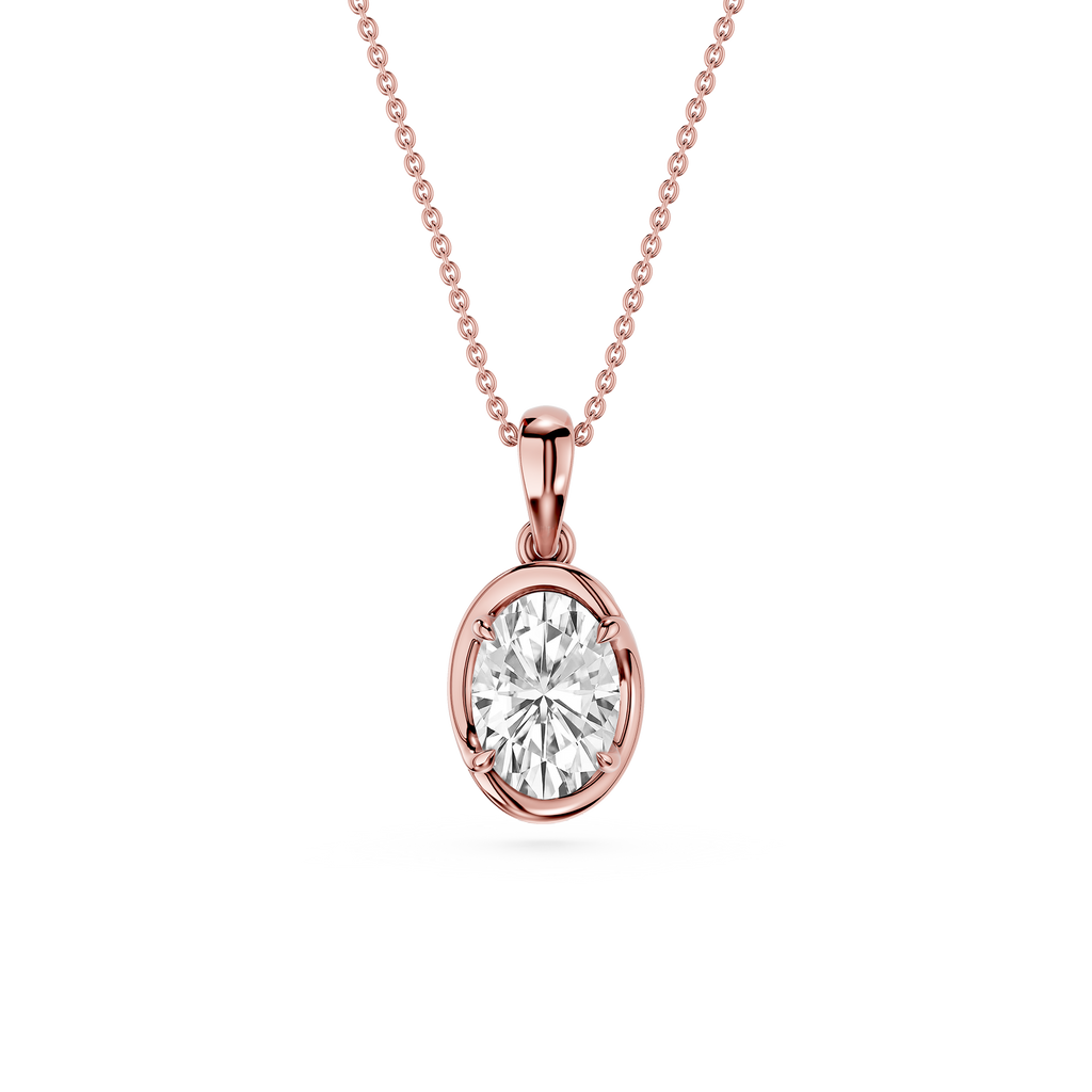 Rose gold necklace with a diamond pendant on a white background