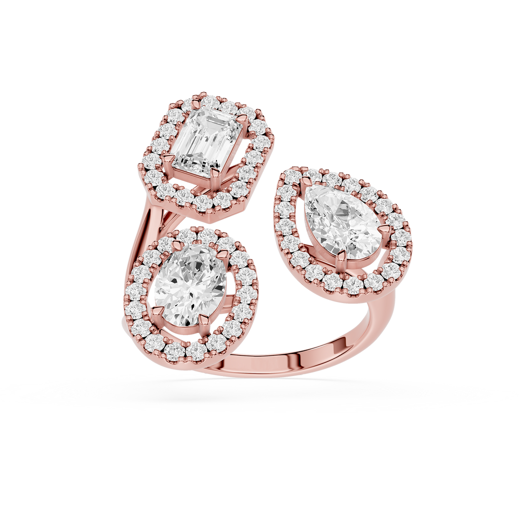 Rose gold earrings with diamond accents on a white background